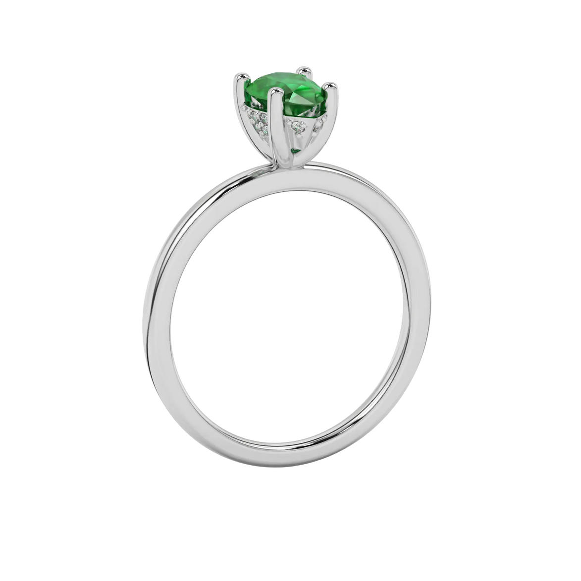 Side profile, white gold emerald green ring, pavé basket gallery.