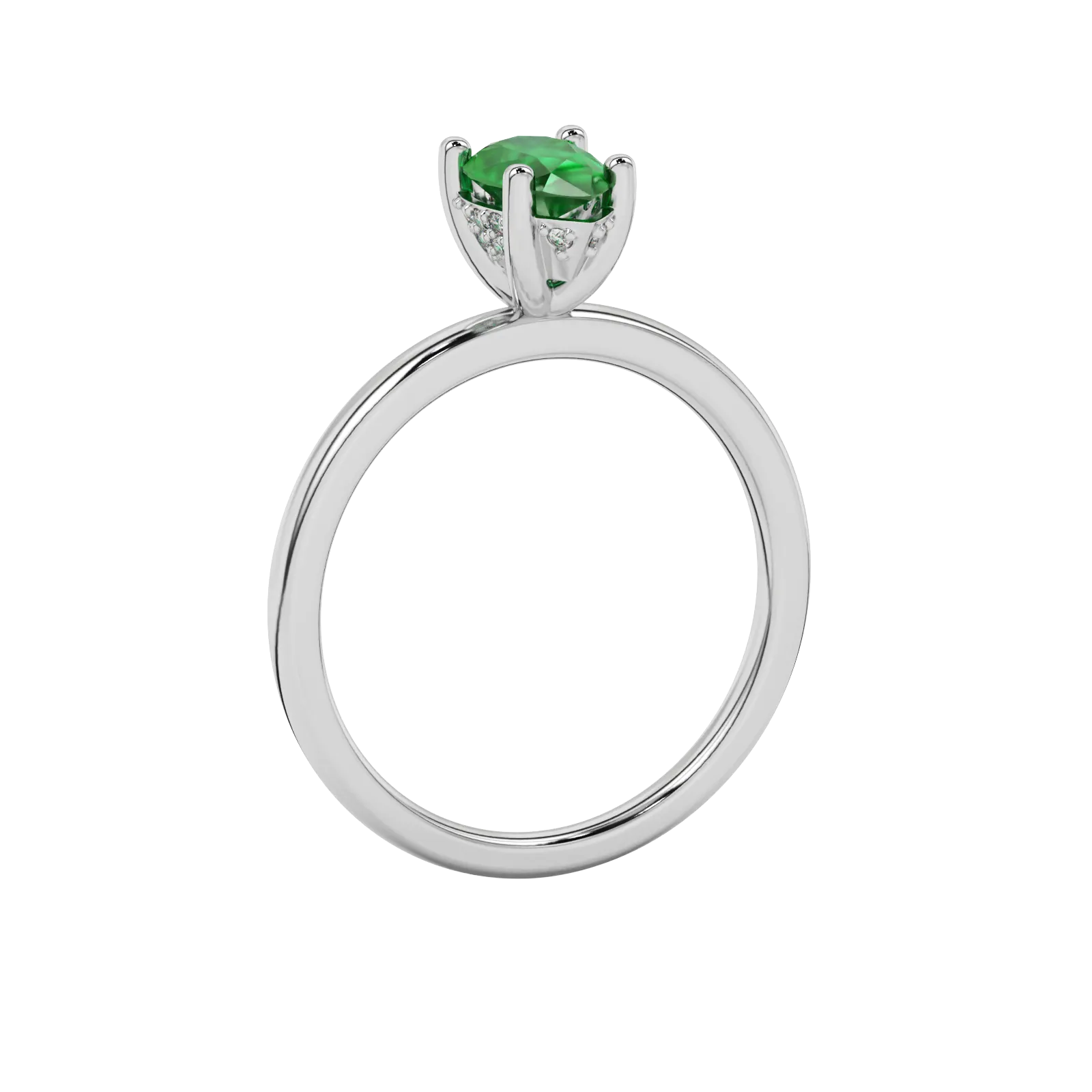 Side profile, white gold emerald green ring, pavé basket gallery.