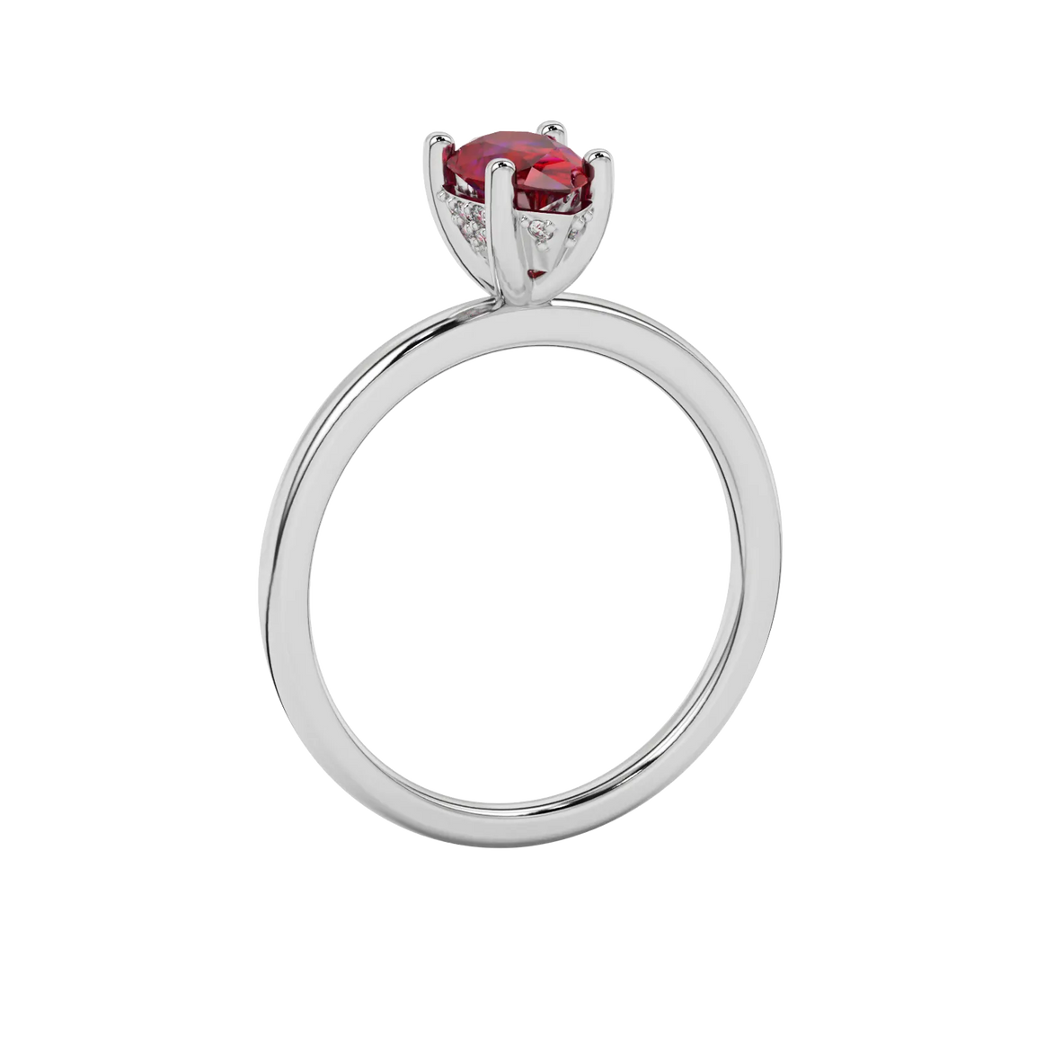 Side profile, white gold raspberry red ring, pavé basket gallery.