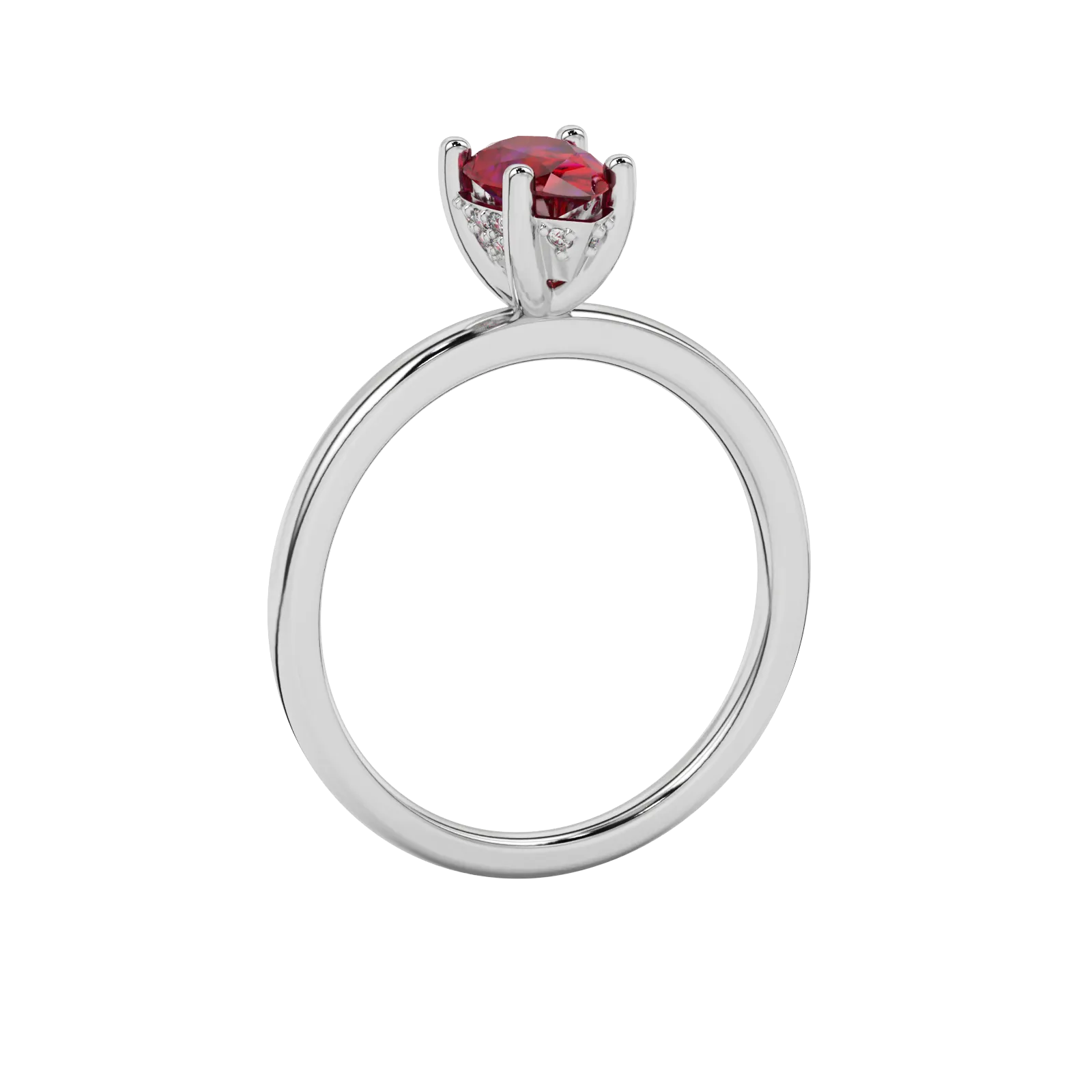 Side profile, white gold raspberry red ring, pavé basket gallery.