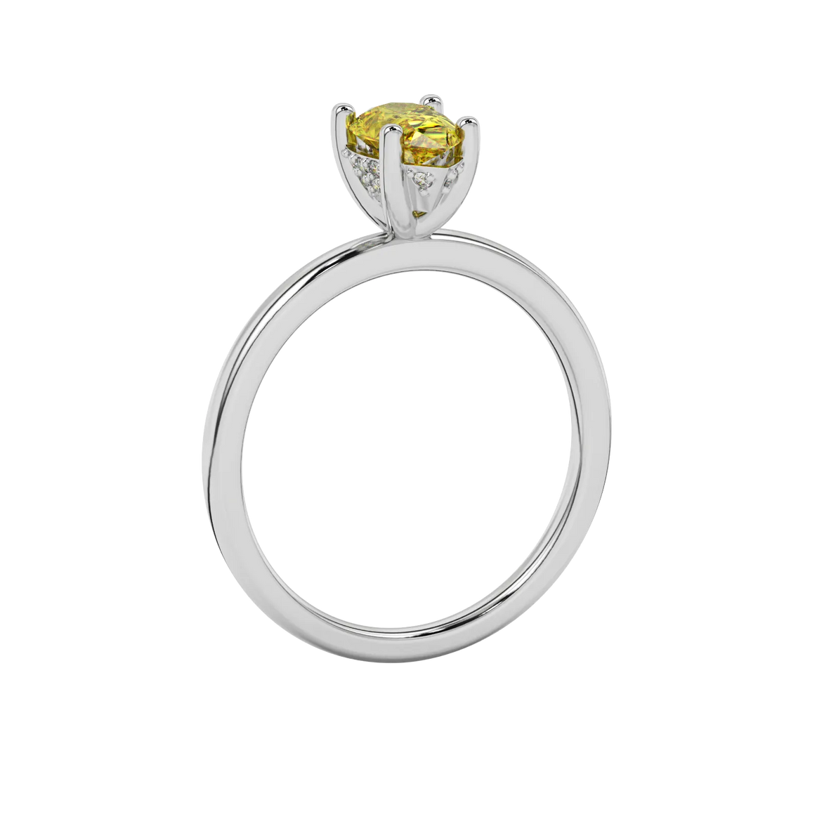 Side profile, white gold canary yellow ring, pavé basket gallery.