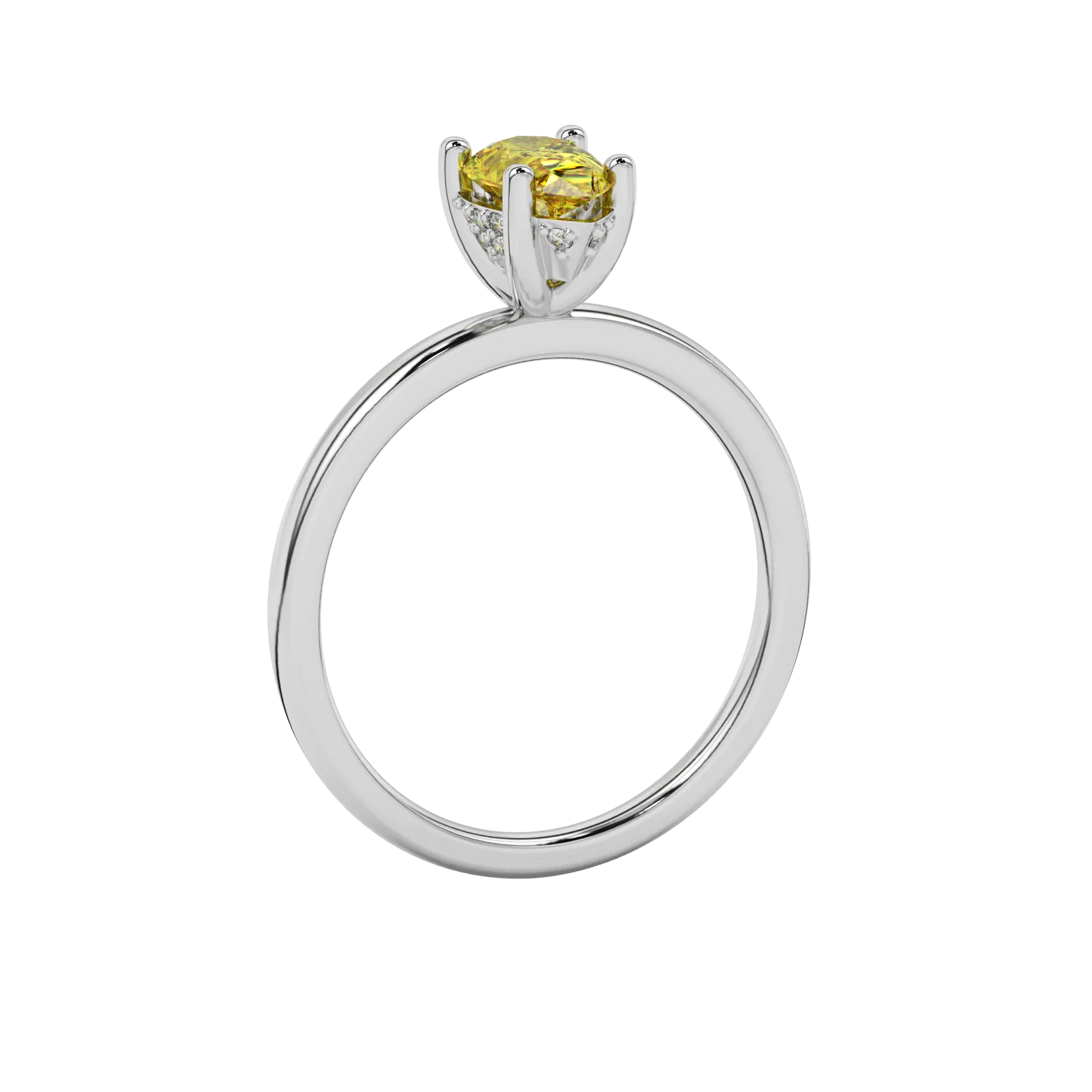 Side profile, white gold canary yellow ring, pavé basket gallery.
