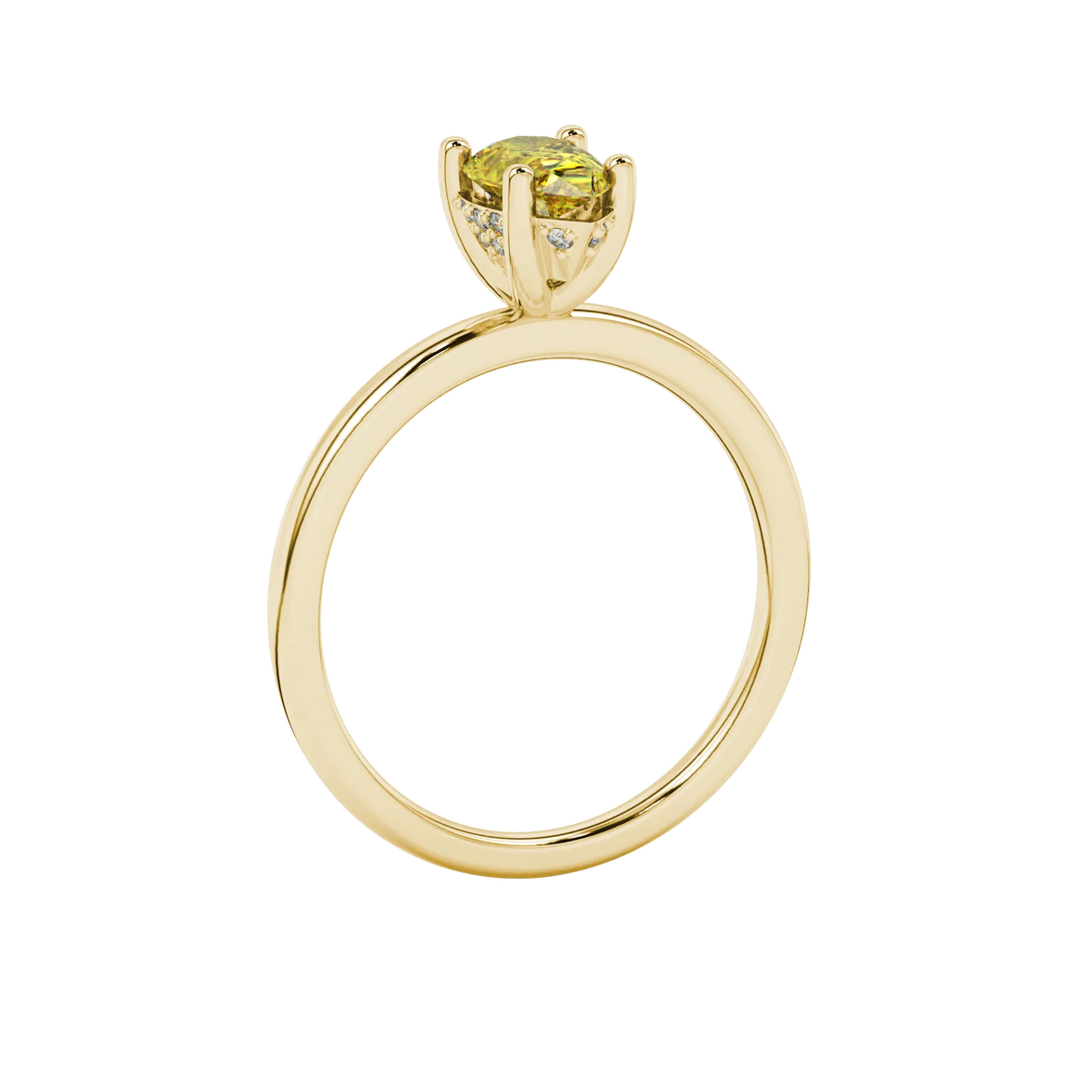 Side profile, yellow gold canary yellow ring, pavé basket gallery.