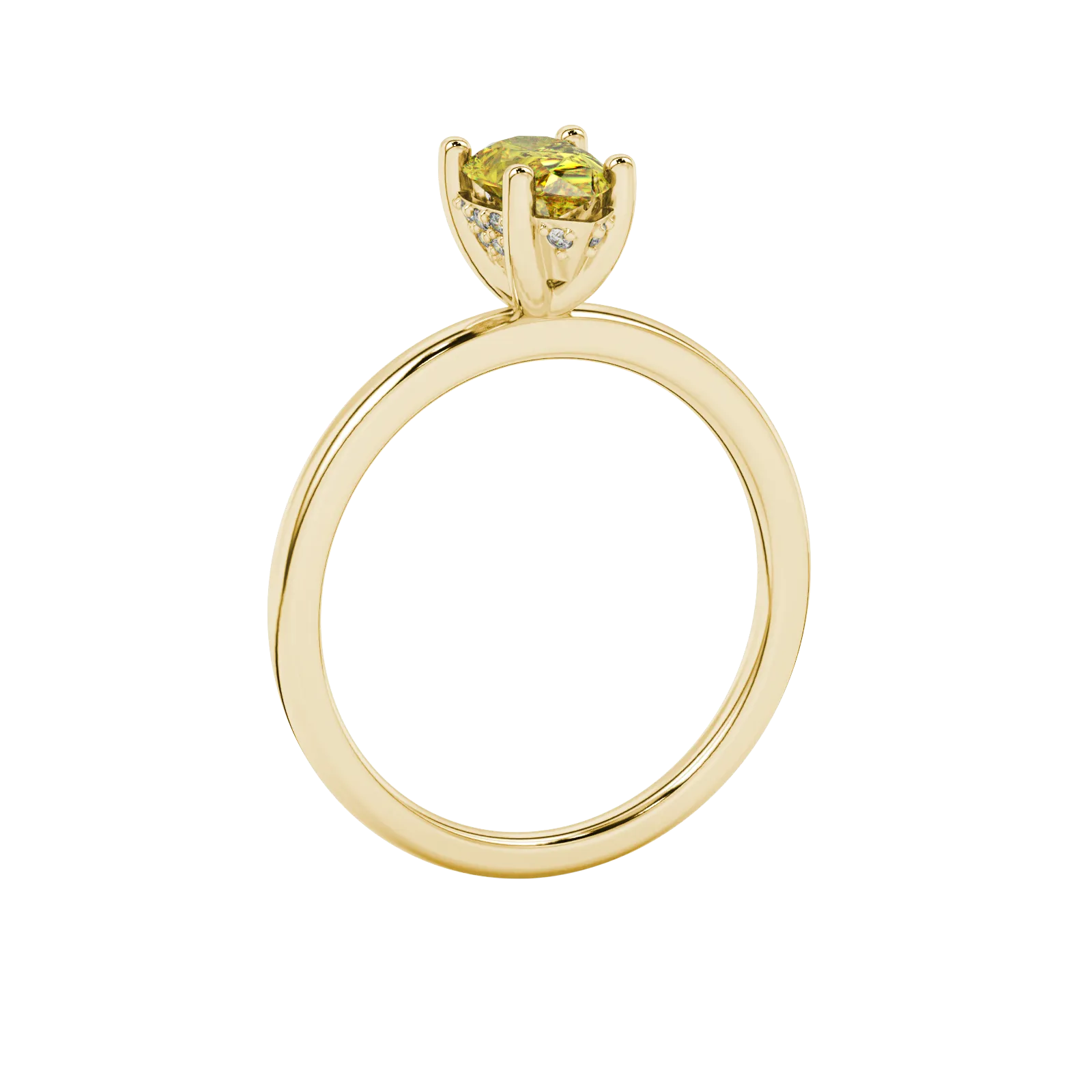 Side profile, yellow gold canary yellow ring, pavé basket gallery.