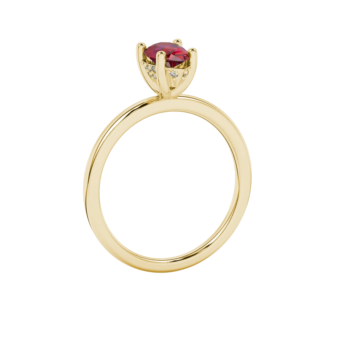 Side profile, yellow gold raspberry red ring, pavé basket gallery.
