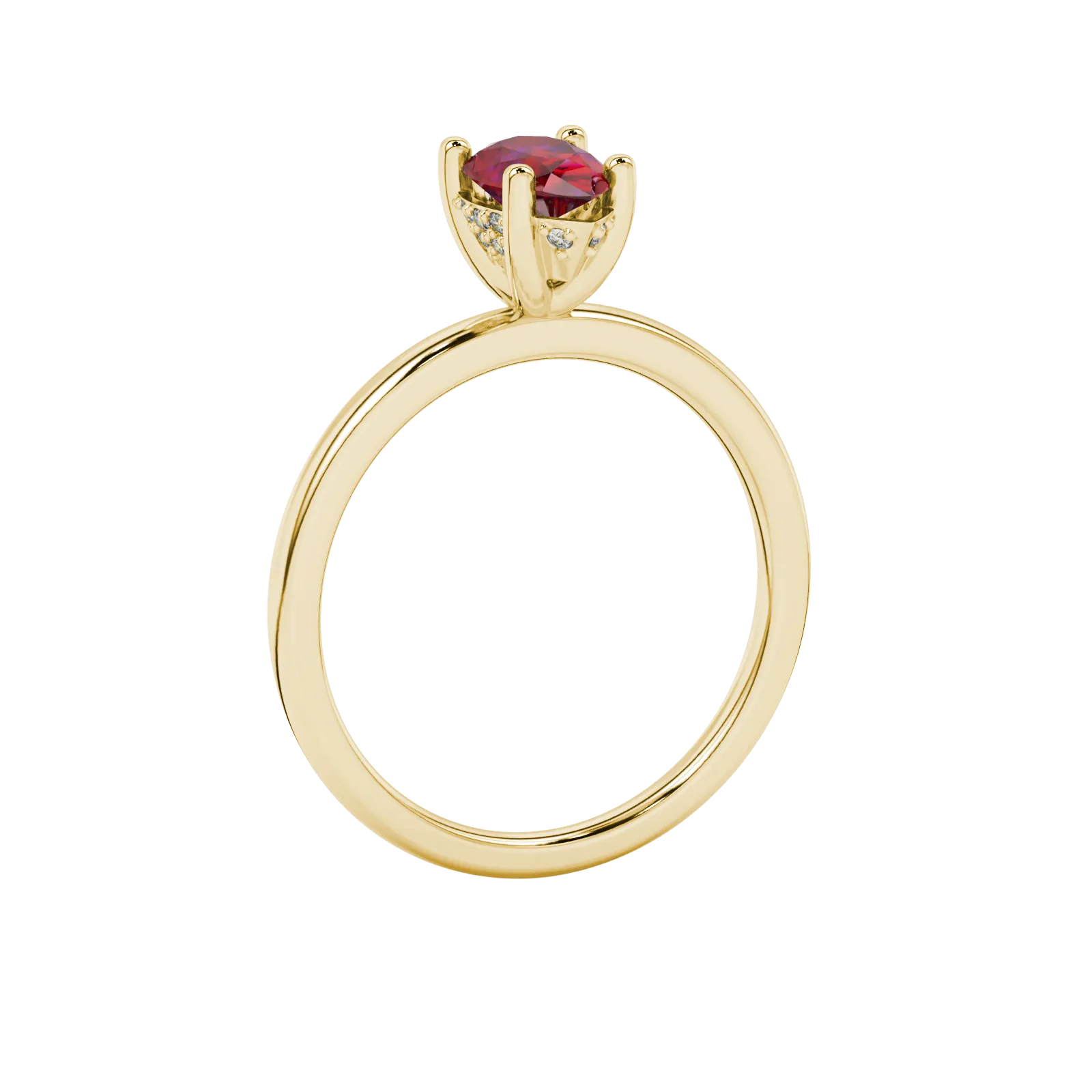 Side profile, yellow gold raspberry red ring, pavé basket gallery.