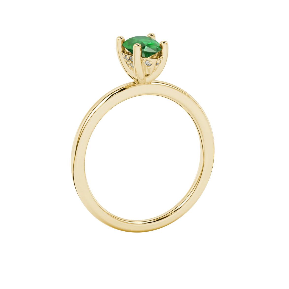 Side profile, yellow gold emerald green ring, pavé basket gallery.