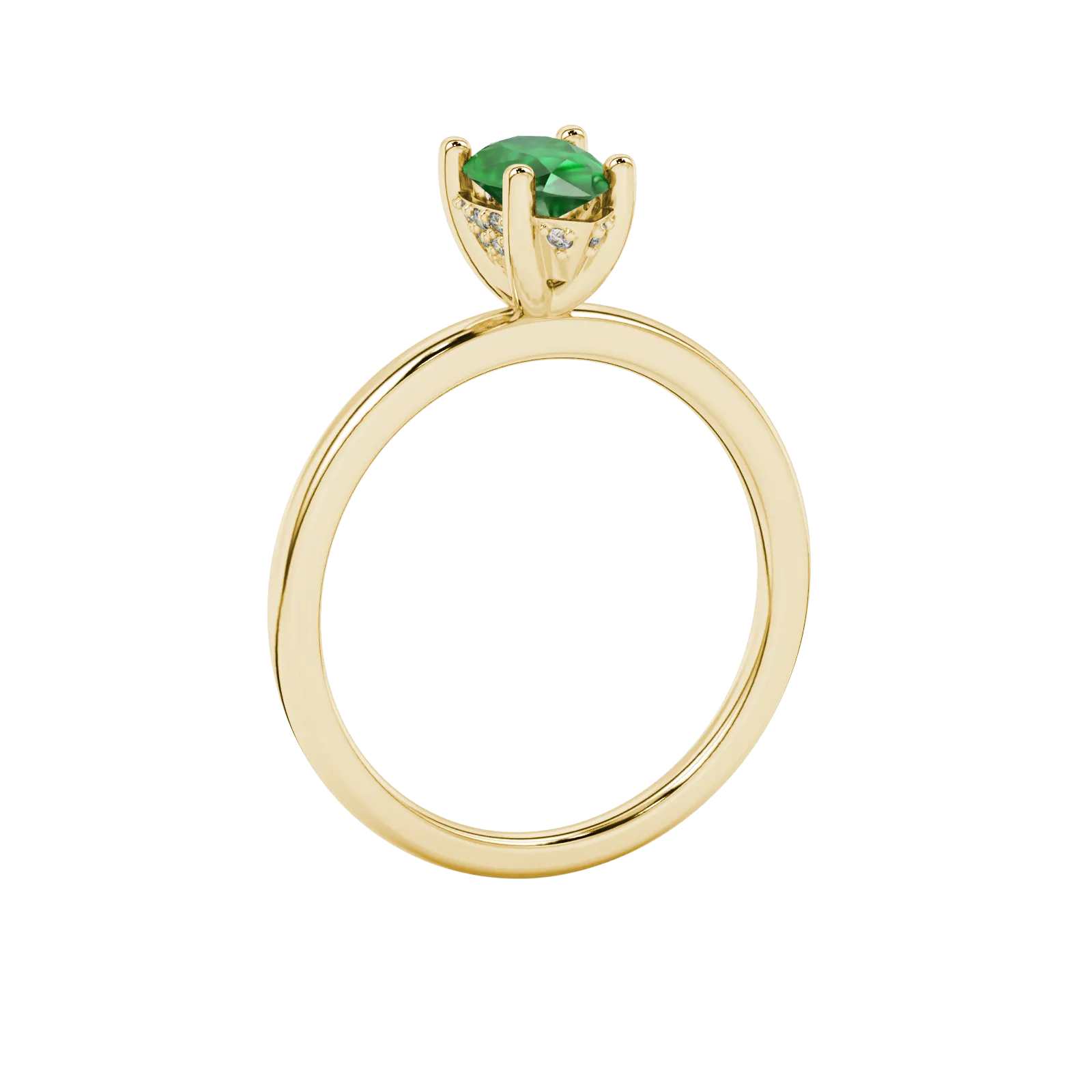 Side profile, yellow gold emerald green ring, pavé basket gallery.