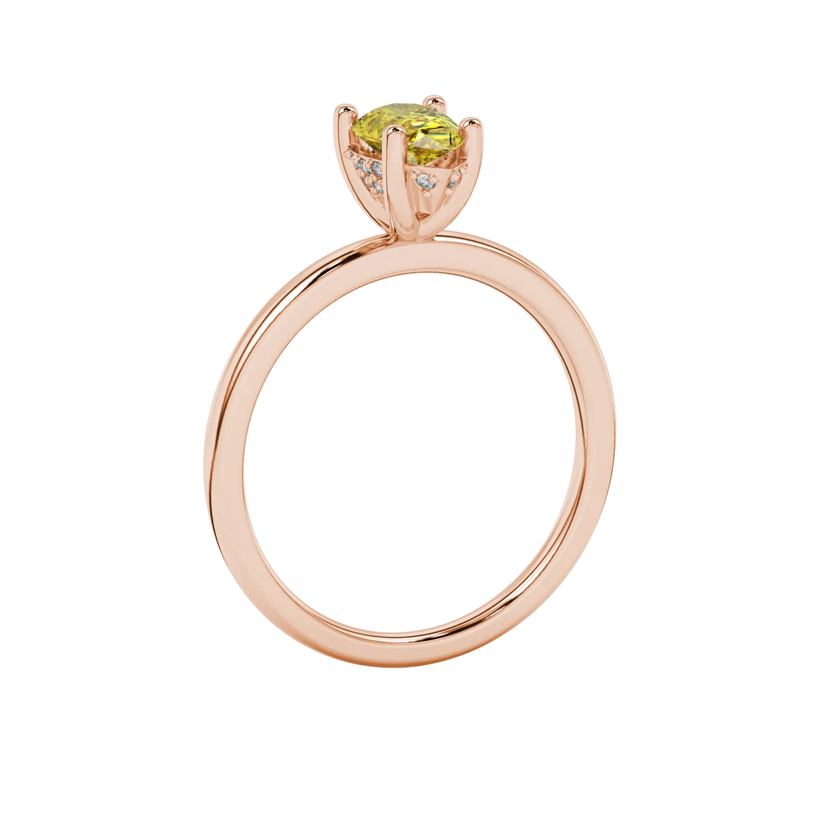 Side profile, rose gold canary yellow ring, pavé basket gallery.