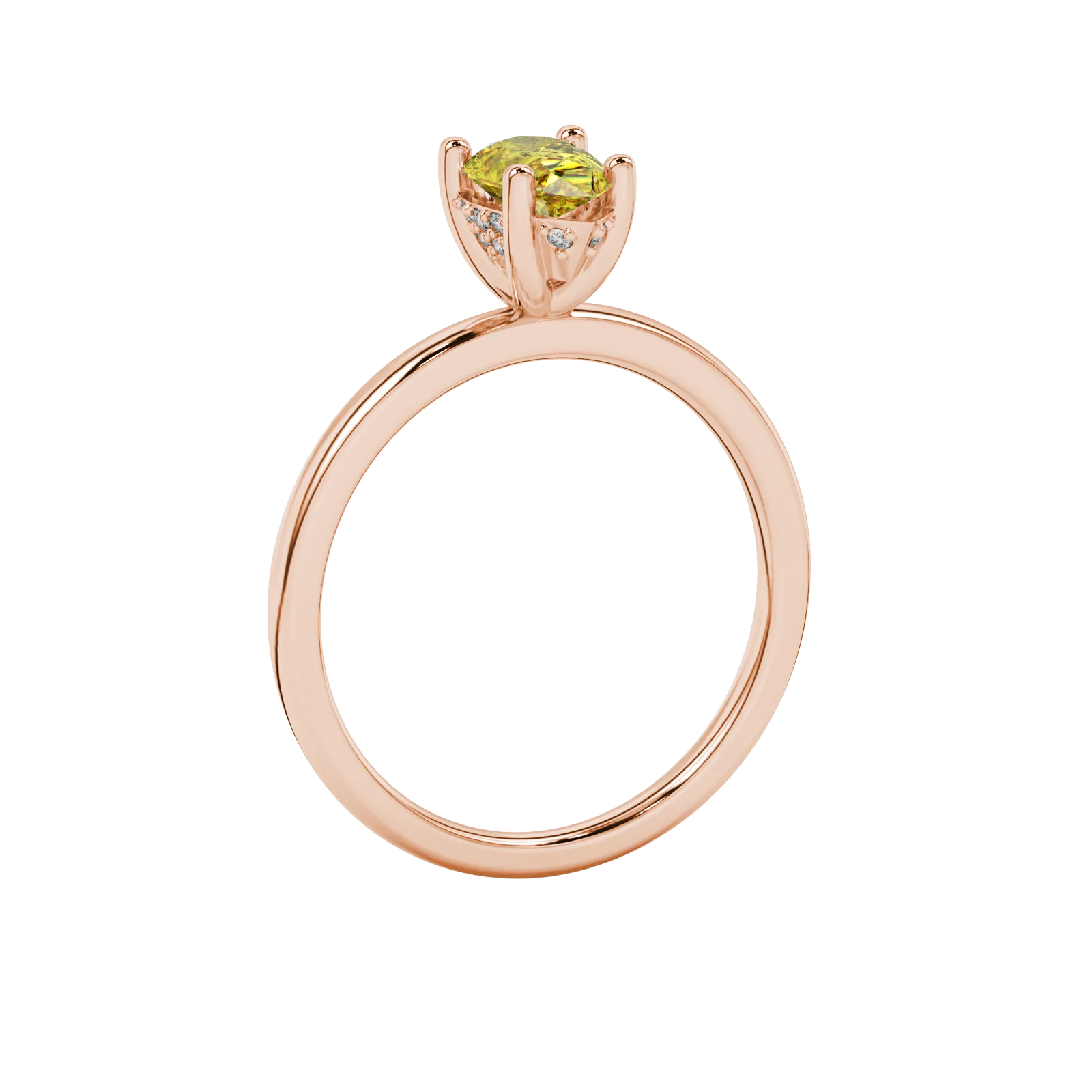Side profile, rose gold canary yellow ring, pavé basket gallery.