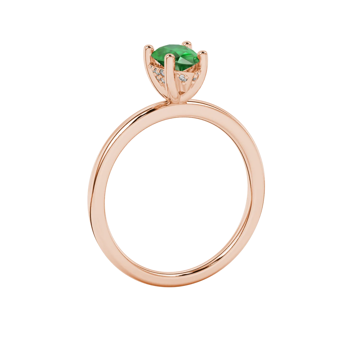 Side profile, rose gold emerald green ring, pavé basket gallery.