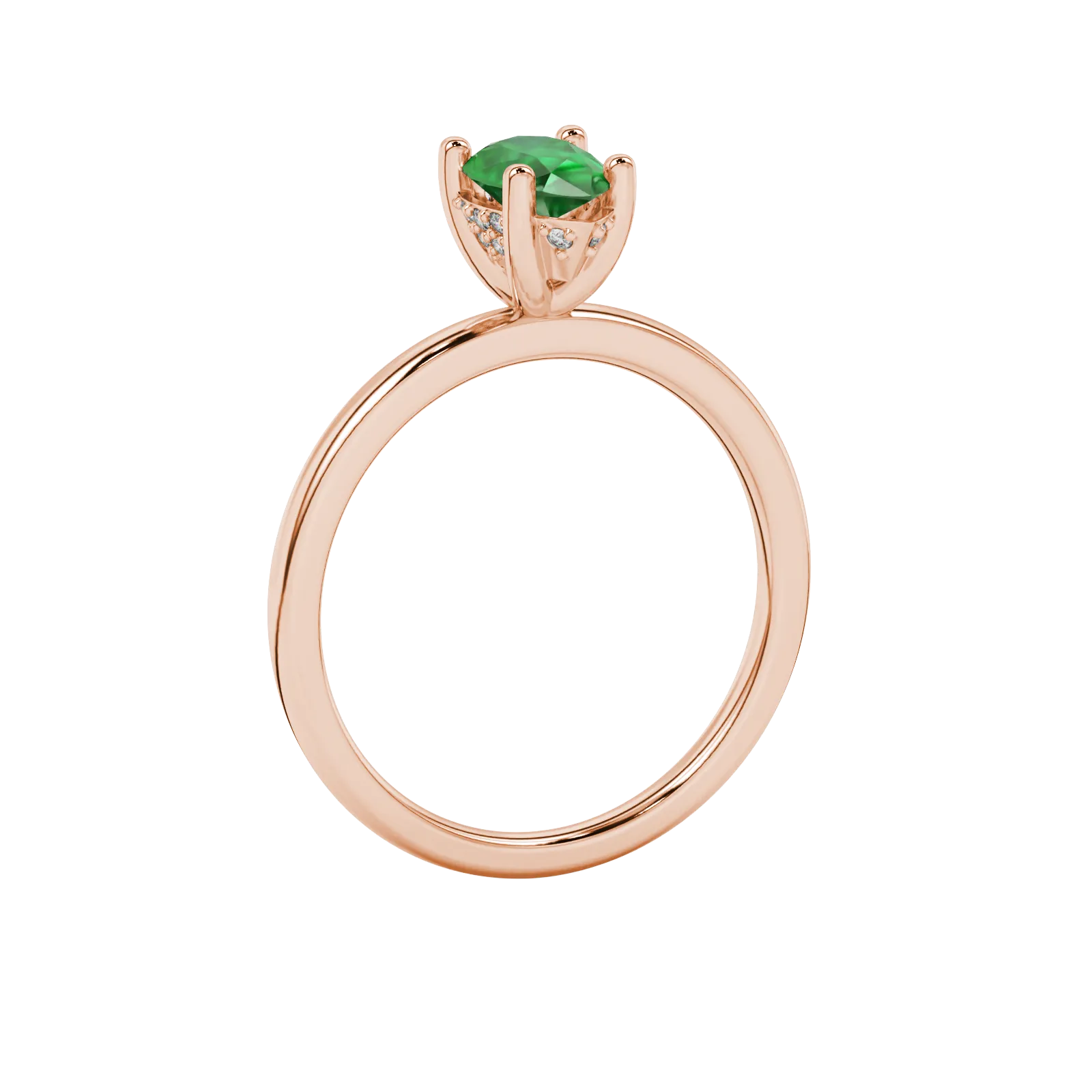 Side profile, rose gold emerald green ring, pavé basket gallery.