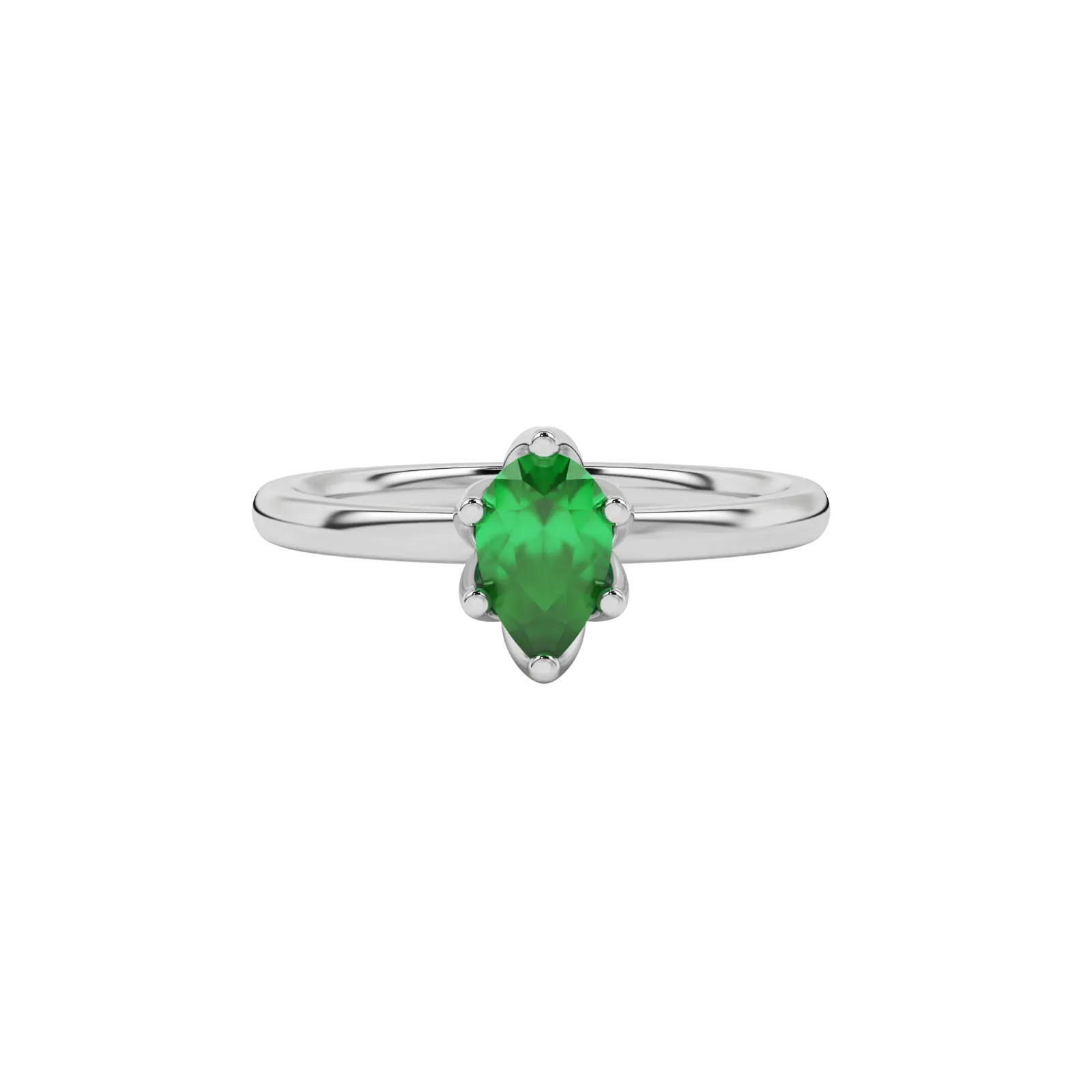 Close-up emerald green gemstone ring, white gold scalloped setting.