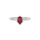 Close-up raspberry red gemstone ring, white gold scalloped setting.