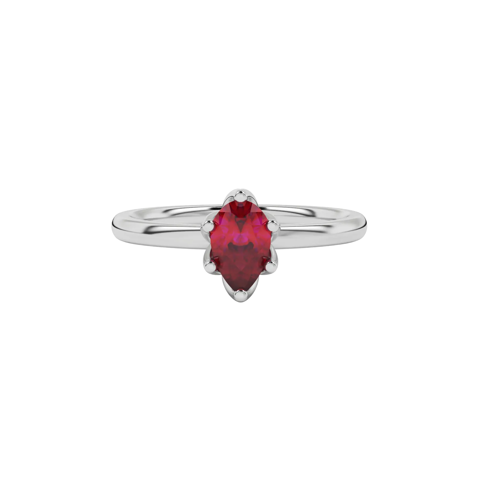 Close-up raspberry red gemstone ring, white gold scalloped setting.
