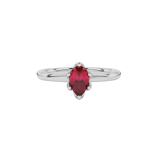 Close-up raspberry red gemstone ring, white gold scalloped setting.