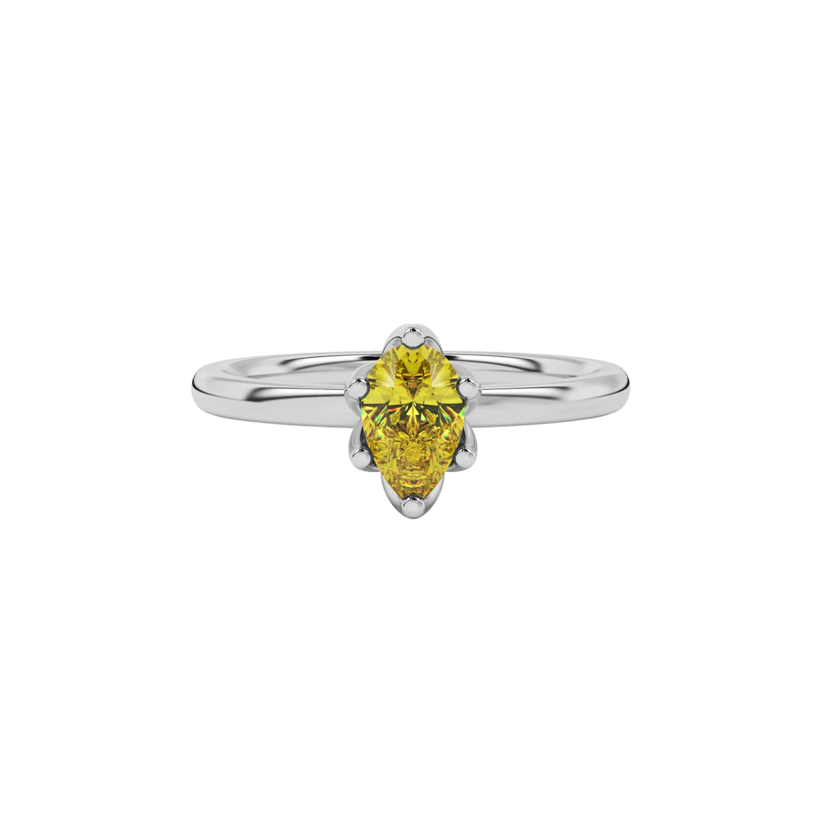 Close-up canary yellow gemstone ring, white gold scalloped setting.