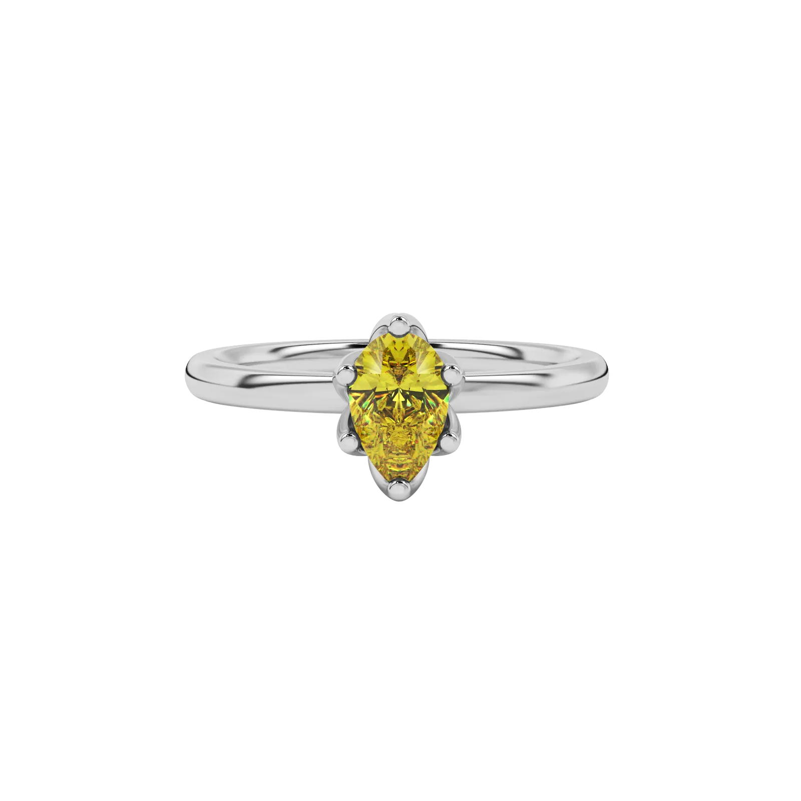 Close-up canary yellow gemstone ring, white gold scalloped setting.