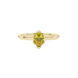 Close-up, pear shape canary yellow gemstone, yellow gold scalloped ring.