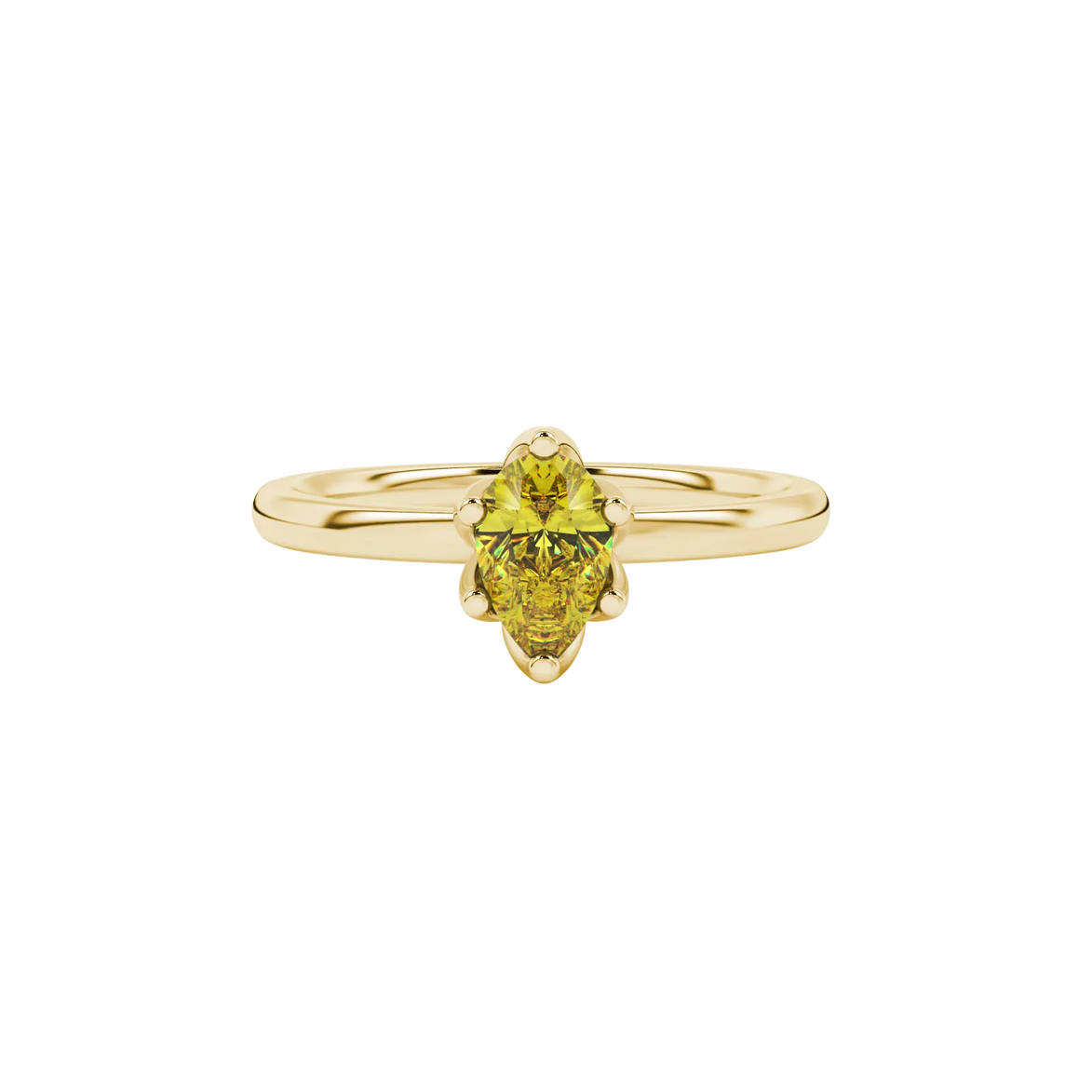 Close-up, pear shape canary yellow gemstone, yellow gold scalloped ring.
