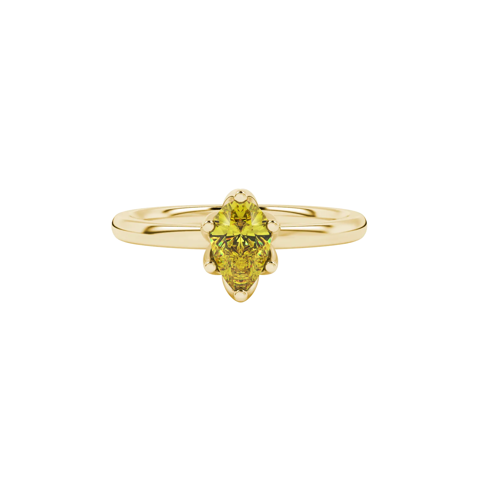 Close-up, pear shape canary yellow gemstone, yellow gold scalloped ring.