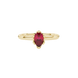 Close-up, pear shape raspberry red gemstone, yellow gold scalloped ring.