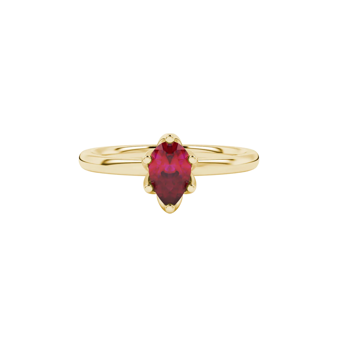 Close-up, pear shape raspberry red gemstone, yellow gold scalloped ring.