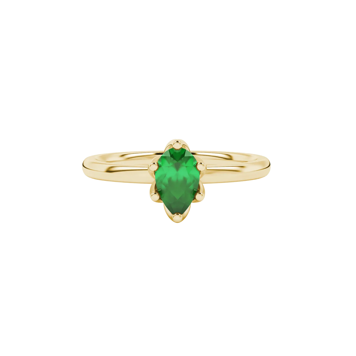 Close-up, pear shape emerald green gemstone, yellow gold scalloped ring.