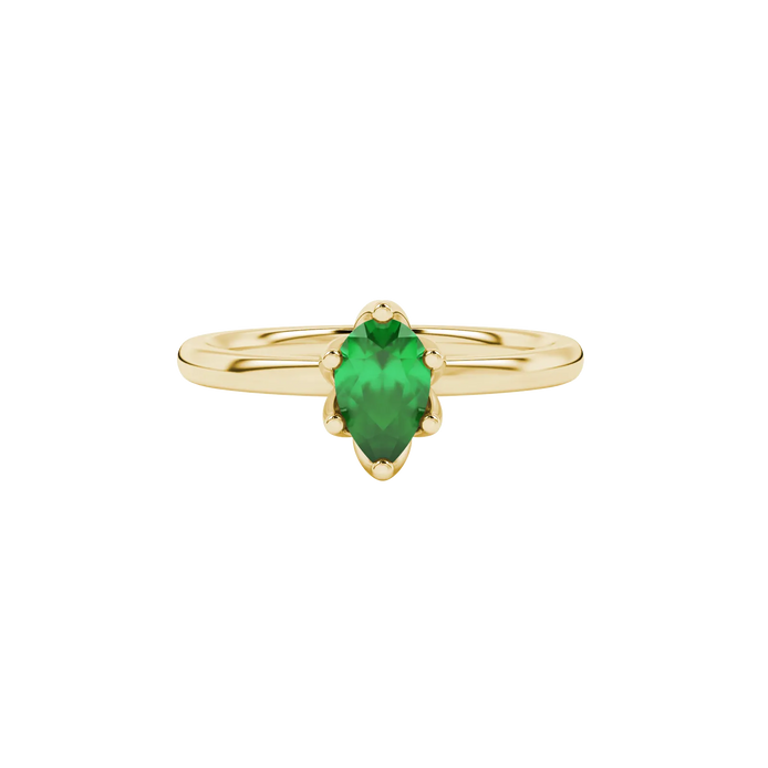 Close-up, pear shape emerald green gemstone, yellow gold scalloped ring.