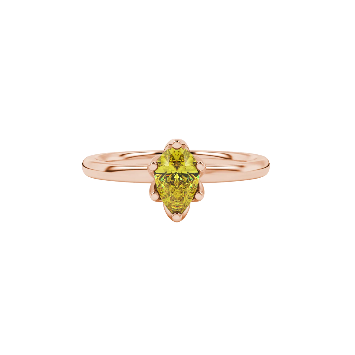 Close-up, pear shape canary yellow gemstone ring, rose gold scalloped setting.