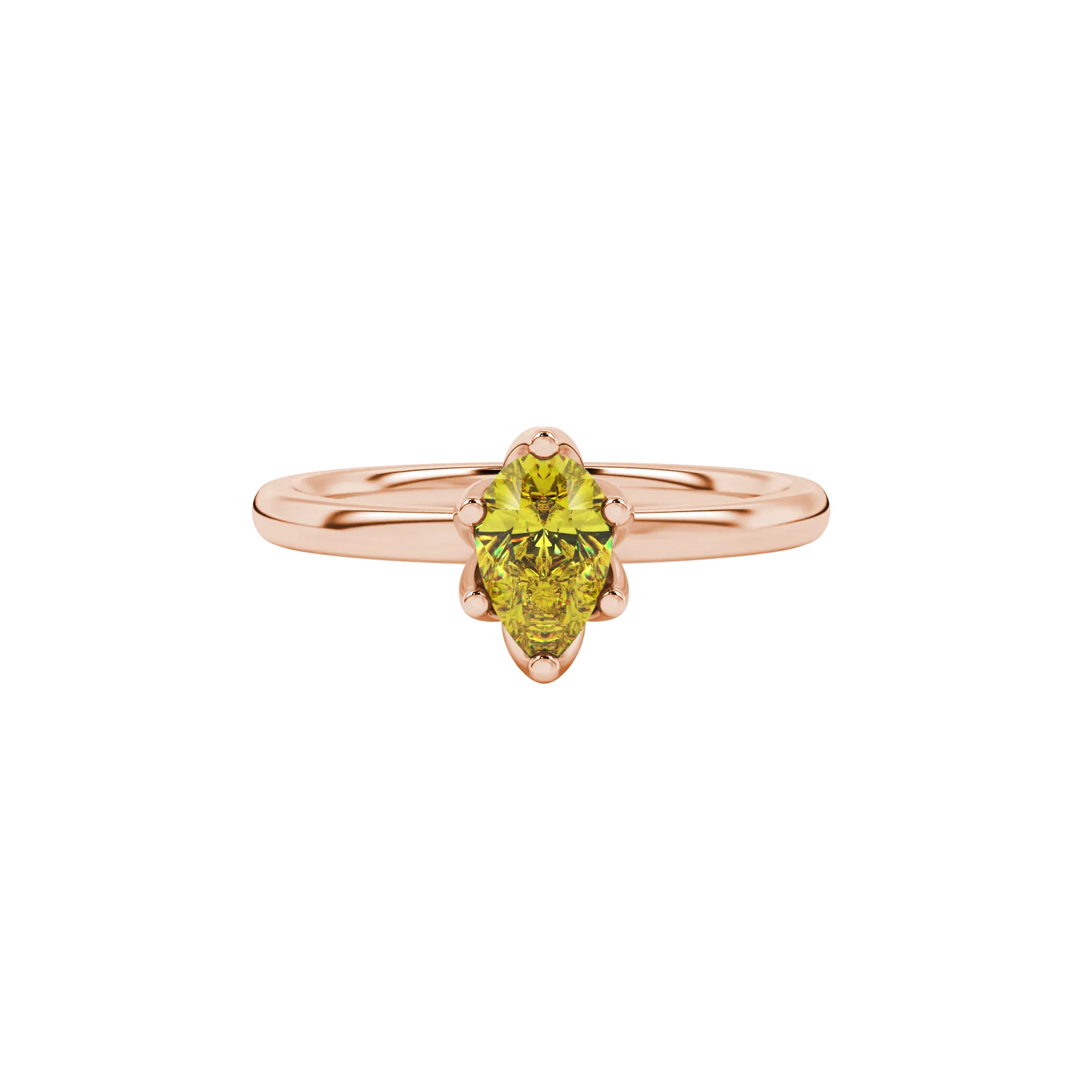 Close-up, pear shape canary yellow gemstone ring, rose gold scalloped setting.