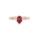 Close-up, pear shape raspberry red gemstone ring, rose gold scalloped setting.