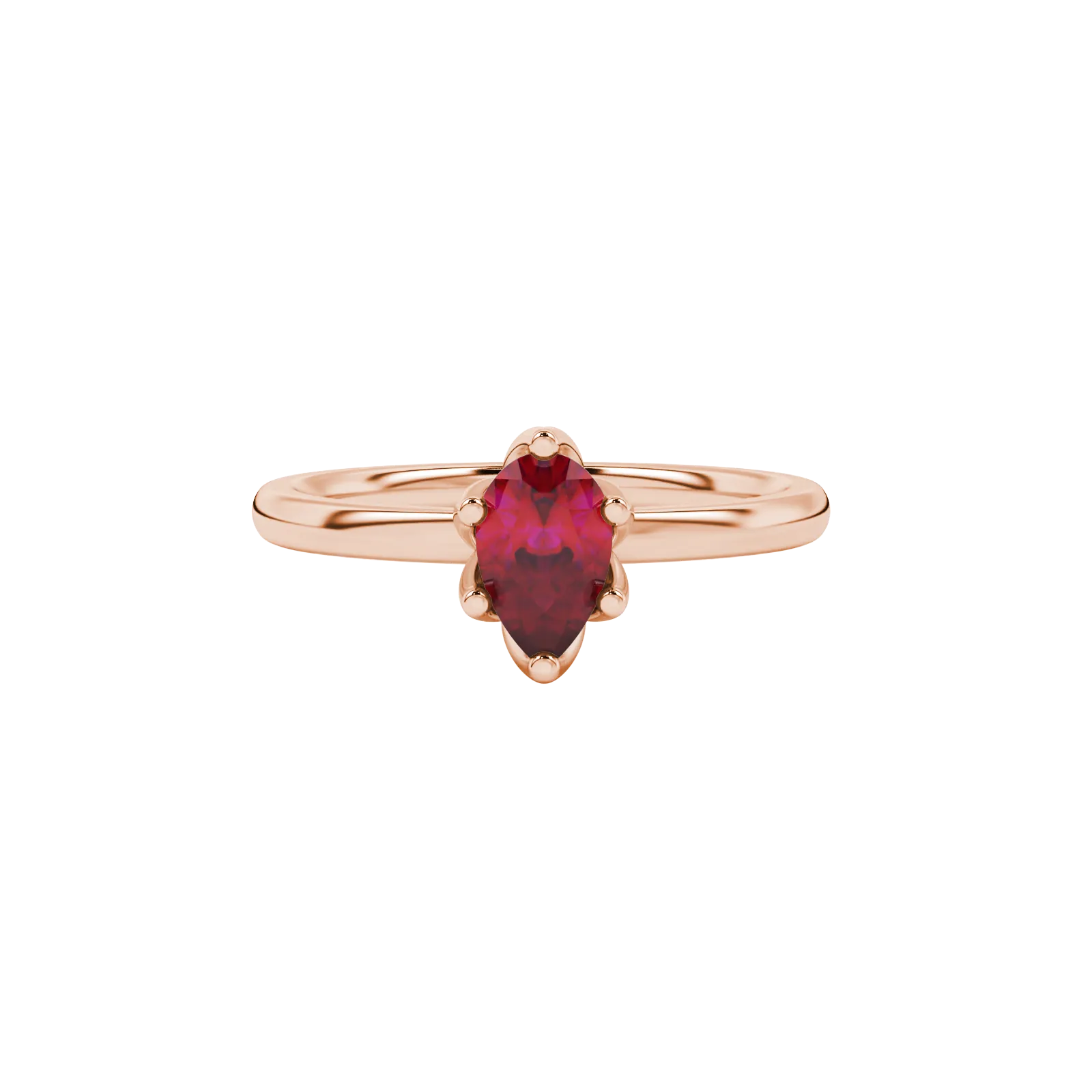 Close-up, pear shape raspberry red gemstone ring, rose gold scalloped setting.