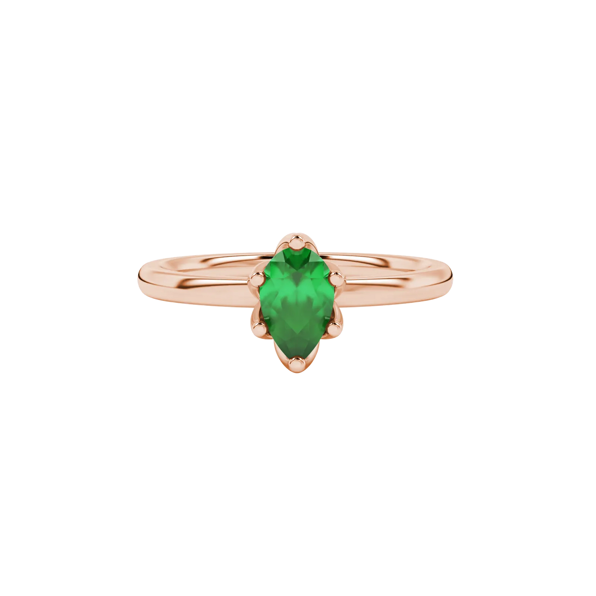 Close-up, pear shape emerald green gemstone ring, rose gold scalloped setting.