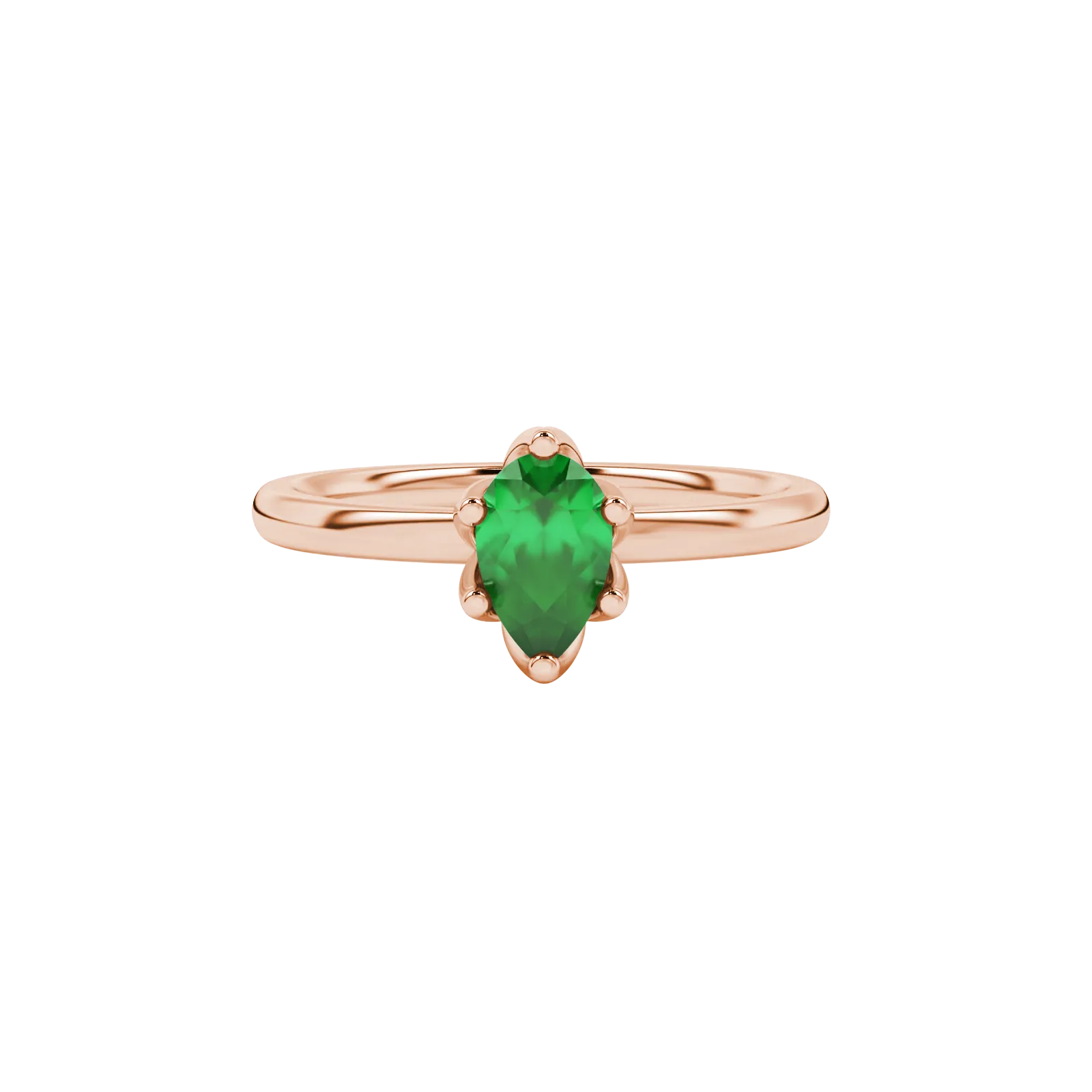 Close-up, pear shape emerald green gemstone ring, rose gold scalloped setting.
