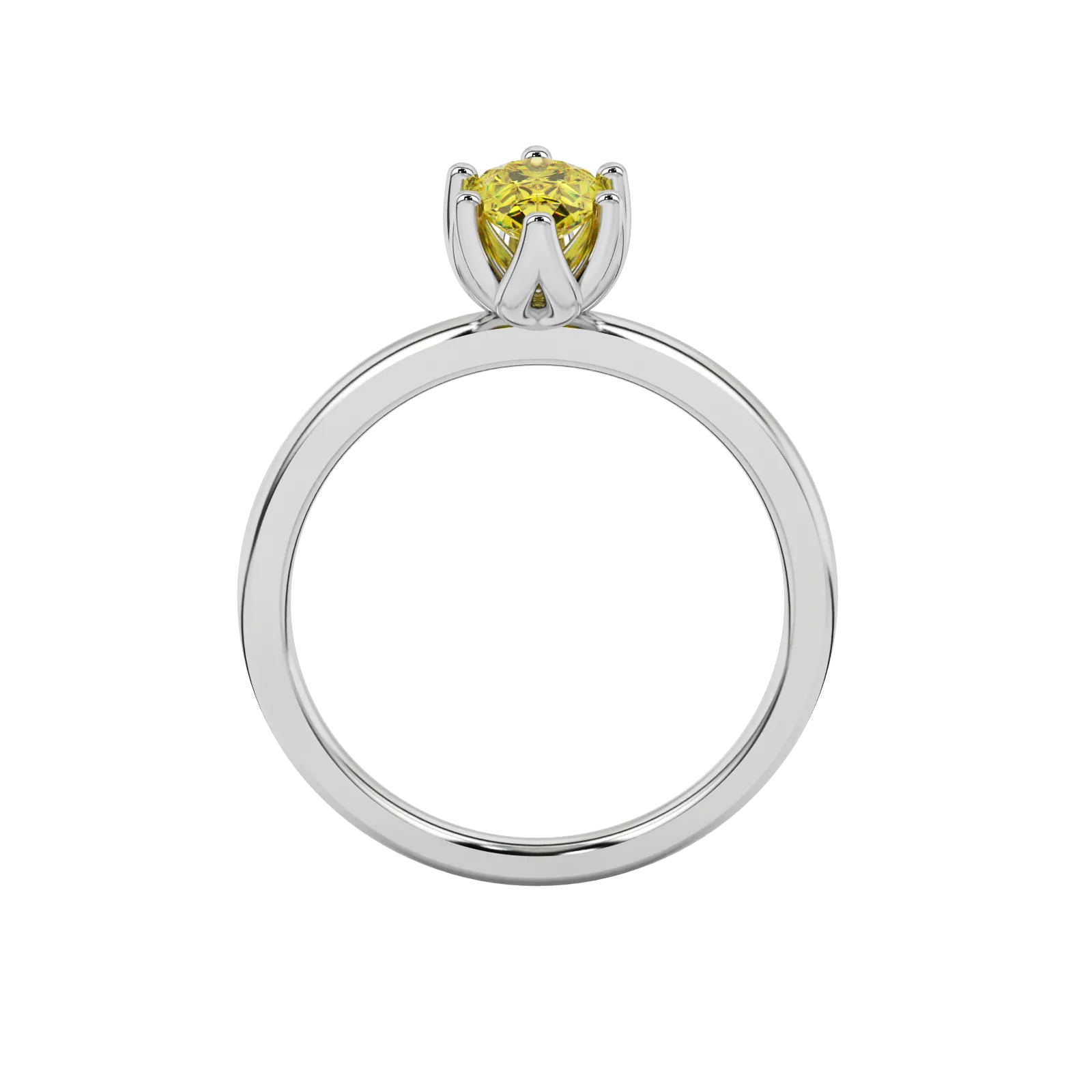 Pear shape canary yellow gemstone ring, white gold scalloped six-prong setting.