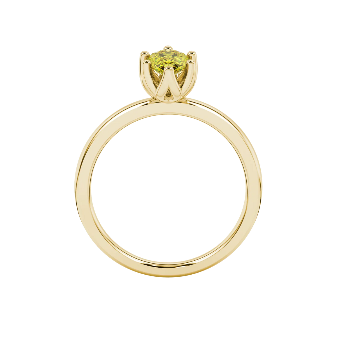 Side profile, yellow gold canary yellow ring, scalloped six-prong gallery.