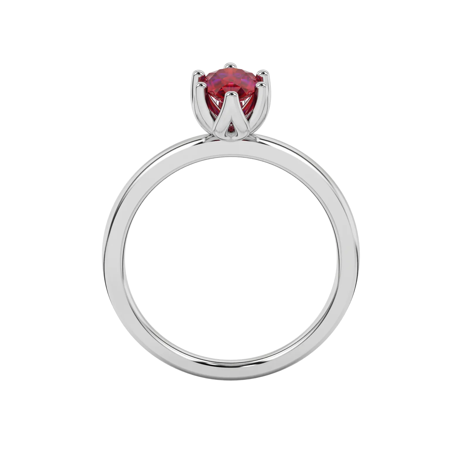 Pear shape raspberry red gemstone ring, white gold scalloped six-prong setting.
