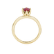 Pear shape raspberry red gemstone ring, yellow gold scalloped six-prong setting.