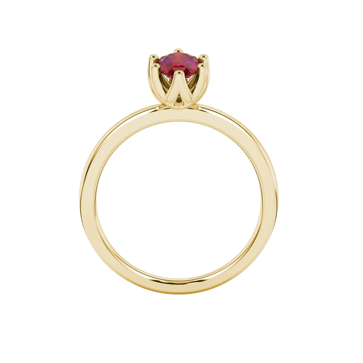 Pear shape raspberry red gemstone ring, yellow gold scalloped six-prong setting.