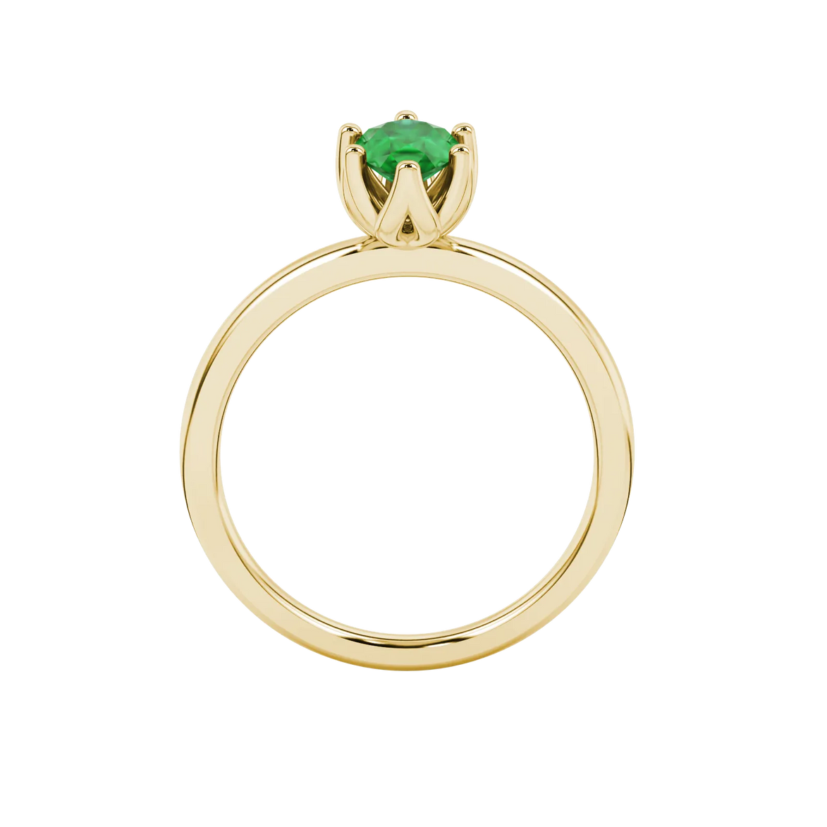 Pear shape emerald green gemstone ring, yellow gold scalloped six-prong setting.