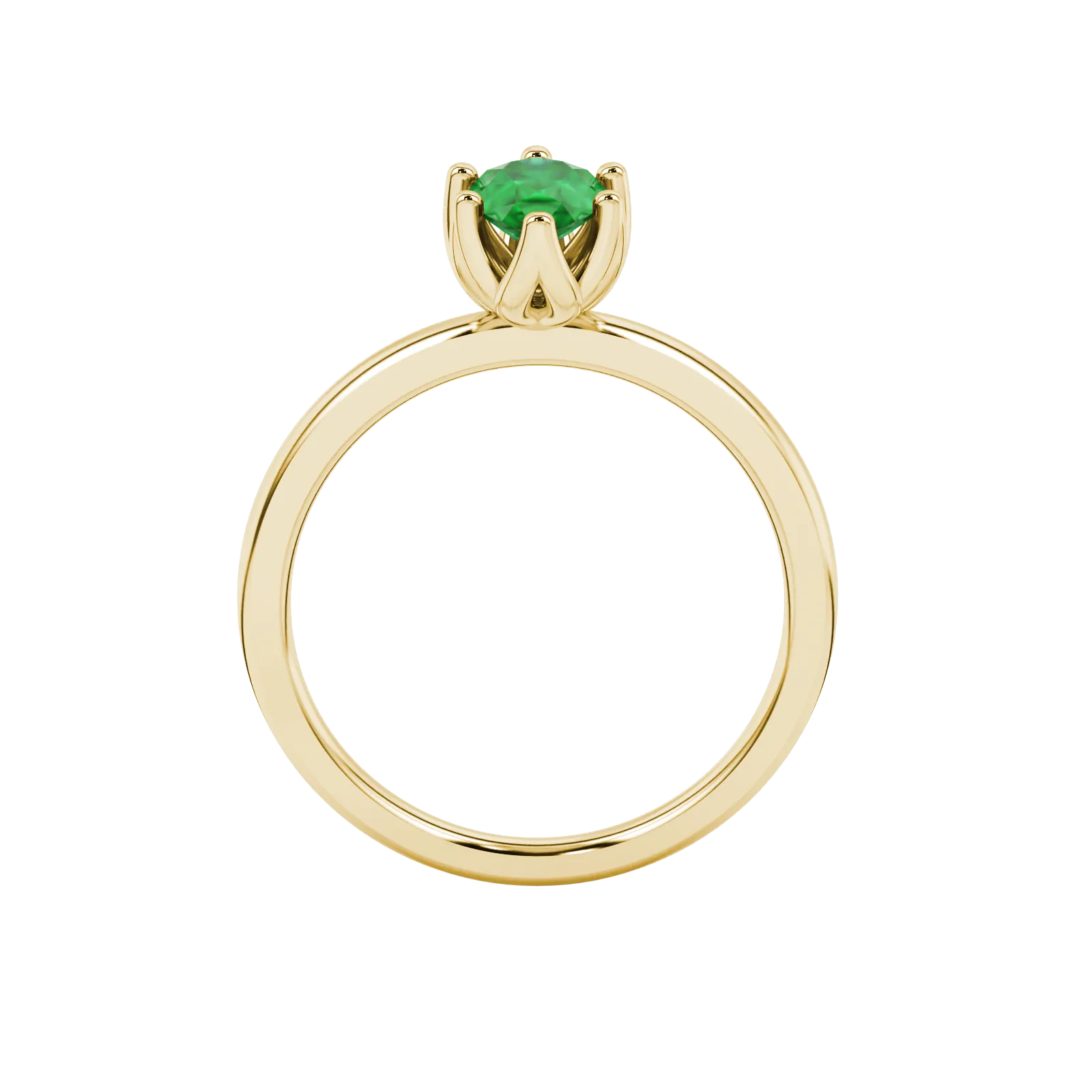 Pear shape emerald green gemstone ring, yellow gold scalloped six-prong setting.