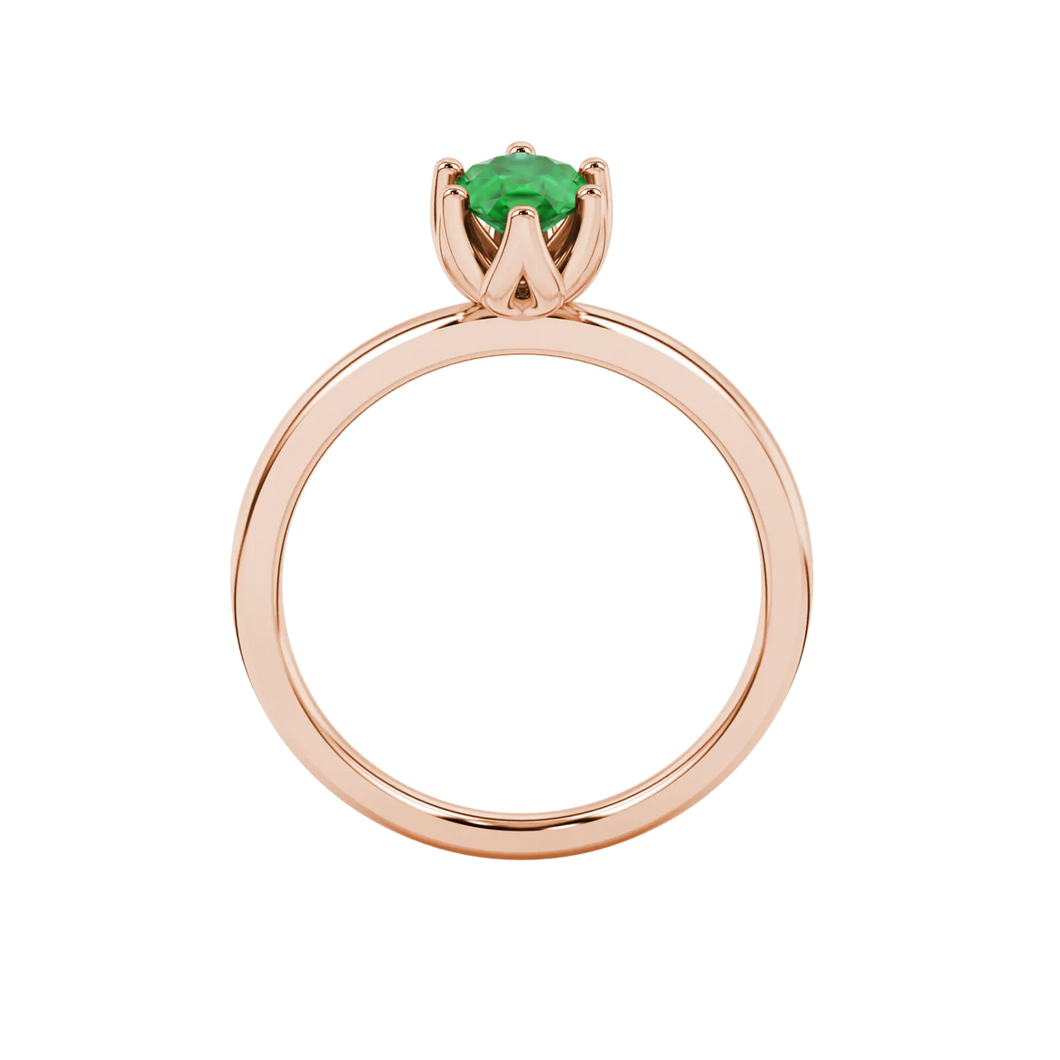 Pear shape emerald green gemstone ring, rose gold scalloped six-prong setting.