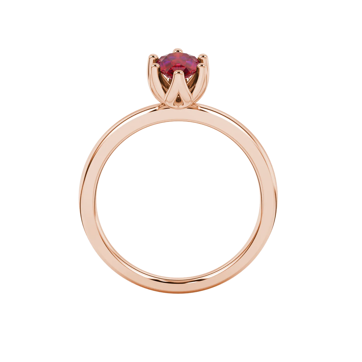 Pear shape raspberry red gemstone ring, rose gold scalloped six-prong setting.