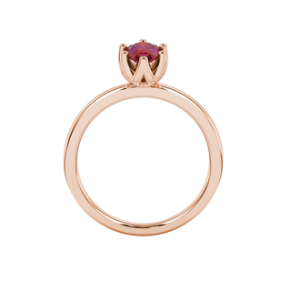 Pear shape raspberry red gemstone ring, rose gold scalloped six-prong setting.