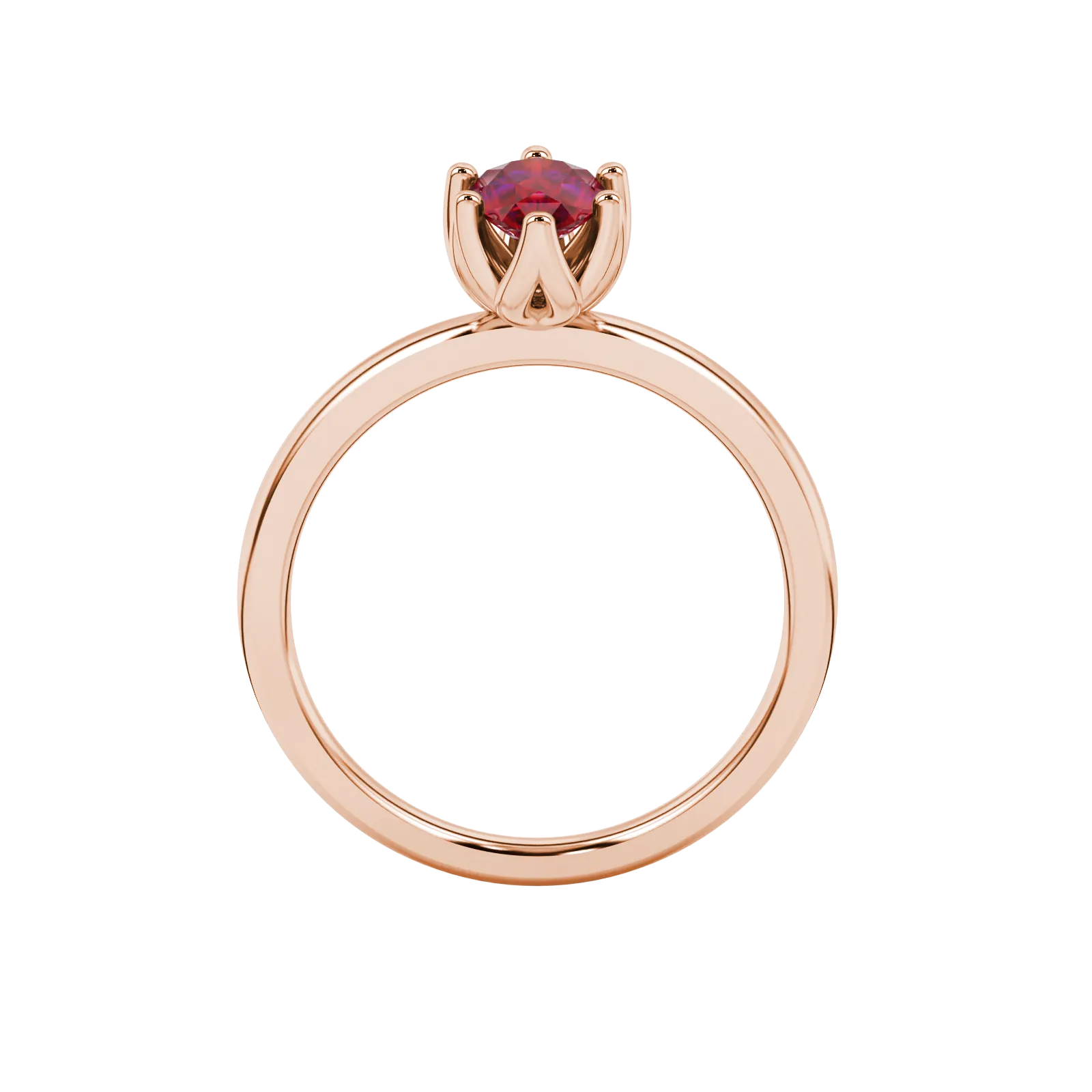 Pear shape raspberry red gemstone ring, rose gold scalloped six-prong setting.