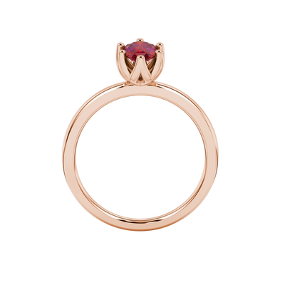 Pear shape raspberry red gemstone ring, rose gold scalloped six-prong setting.