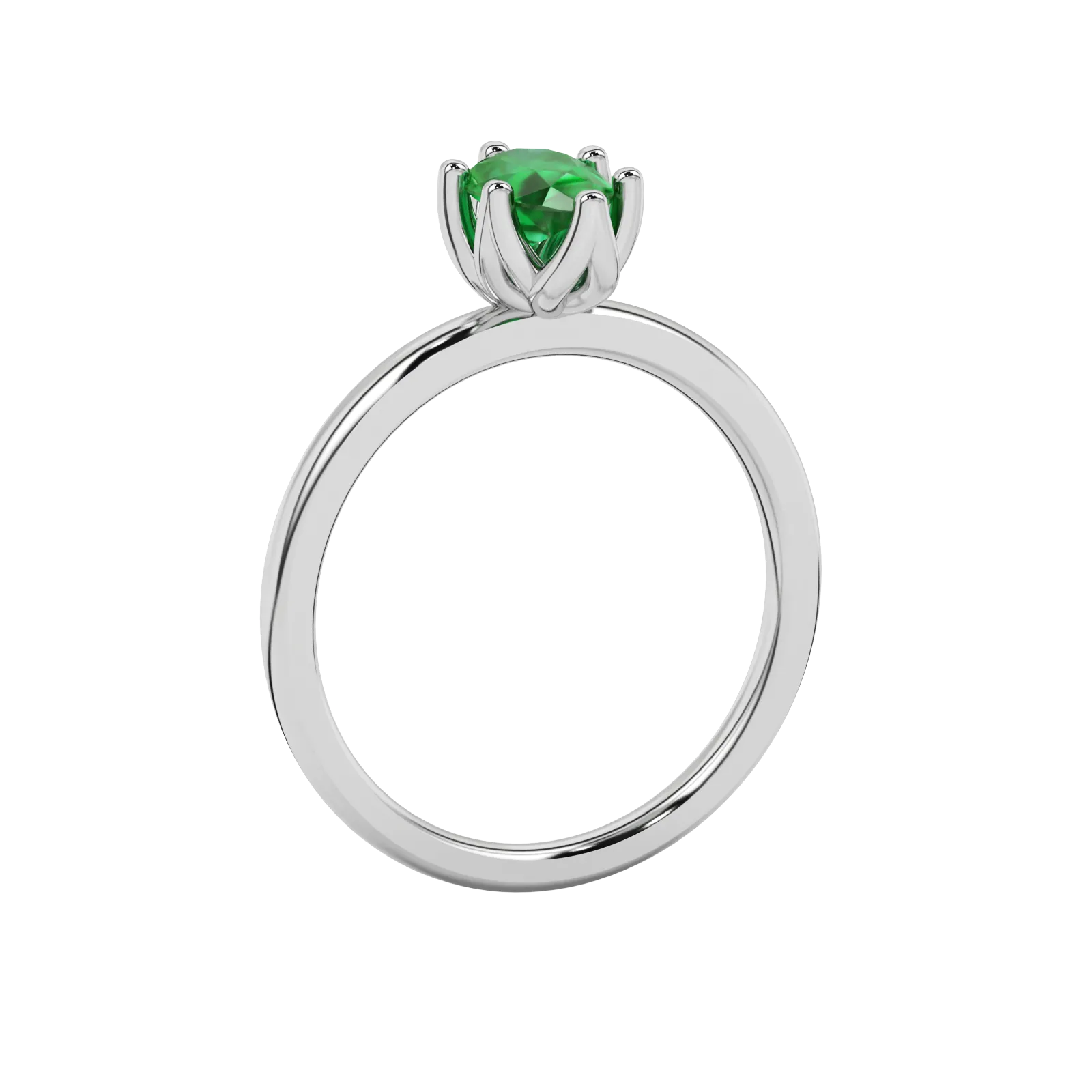 Side profile, white gold emerald green ring, scalloped six-prong gallery.