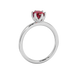 Side profile, white gold raspberry red ring, scalloped six-prong gallery.