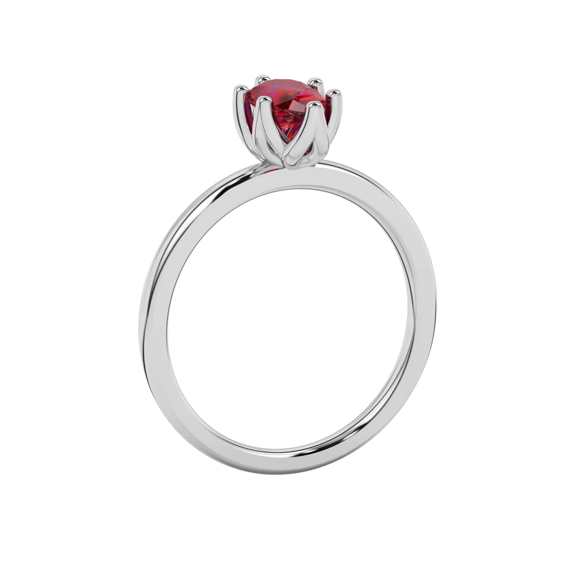 Side profile, white gold raspberry red ring, scalloped six-prong gallery.